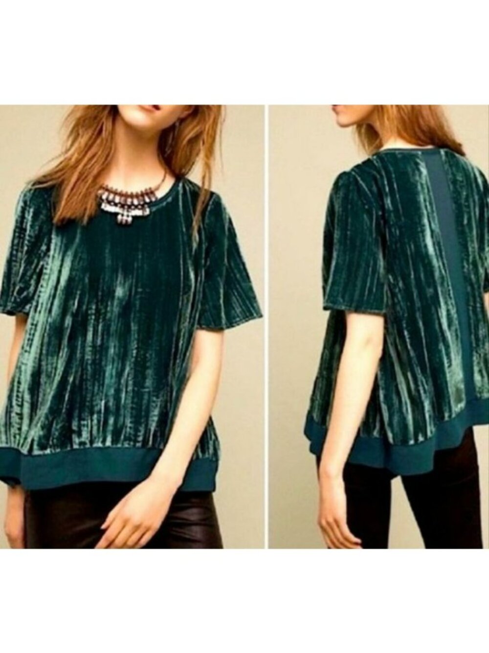 Maeve Green Velvet Top Sheer Back Panel Short Sleeves Women Size M Viscose blend